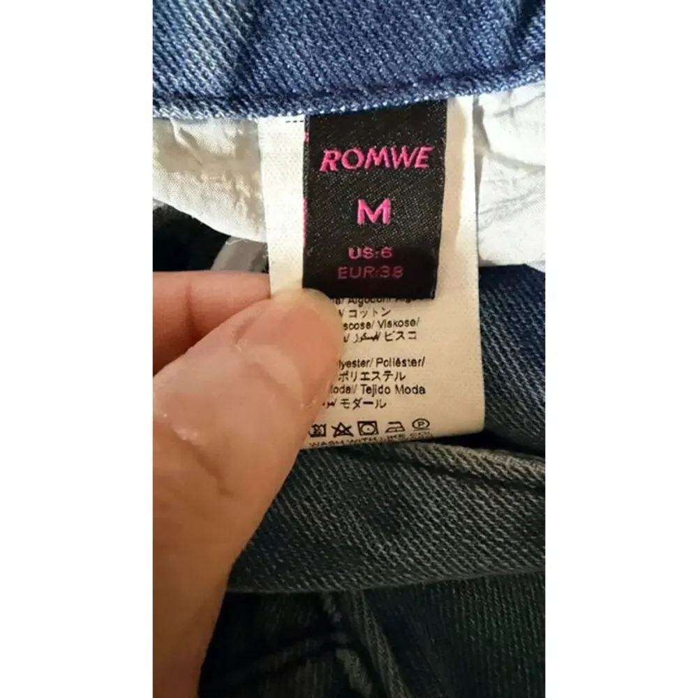 ROMWE Women’s Star Patchwork Denim Shorts Blue Raw Hem Size Medium Jorts
